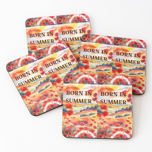 Item preview, Born in summer, hilly summer landscape full of flowering poppies, inscription on image: Born in summer, blooming peoplel designed and sold by Creativesphotos.