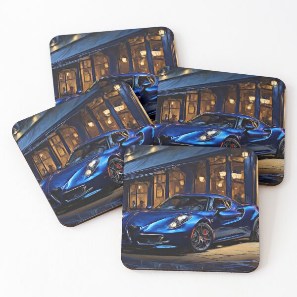 Item preview, Blue Alfa Romeo 4c in front of a restaurant designed and sold by Glineur.