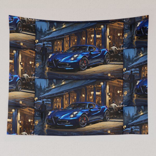 Item preview, Blue Alfa Romeo 4c in front of a restaurant designed and sold by Glineur.