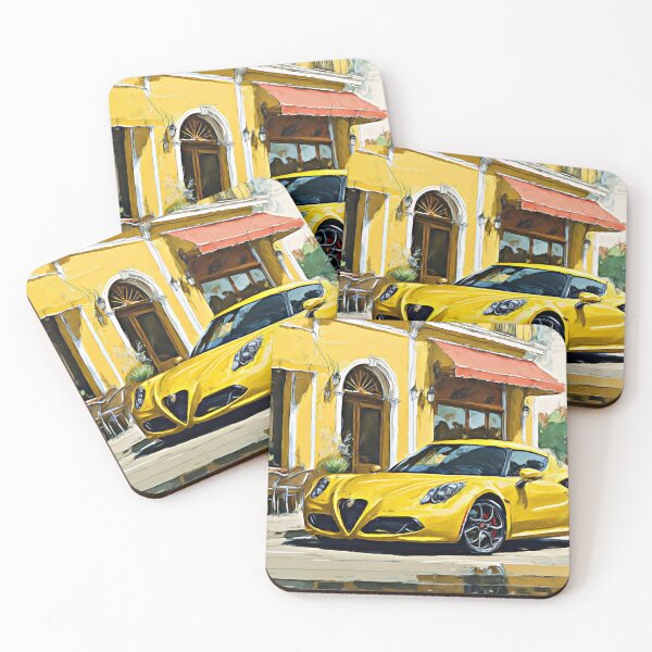 Item preview, Yellow Alfa Romeo 4c in front of a restaurant designed and sold by Glineur.