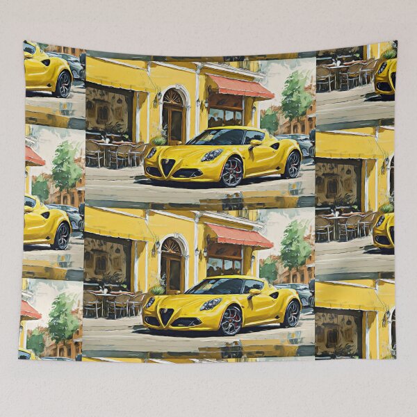 Item preview, Yellow Alfa Romeo 4c in front of a restaurant designed and sold by Glineur.