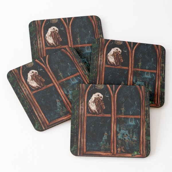 Item preview, Goblincore art watercolor owl, golden moon, frog, and gothic castle designed and sold by Monica Laipple.