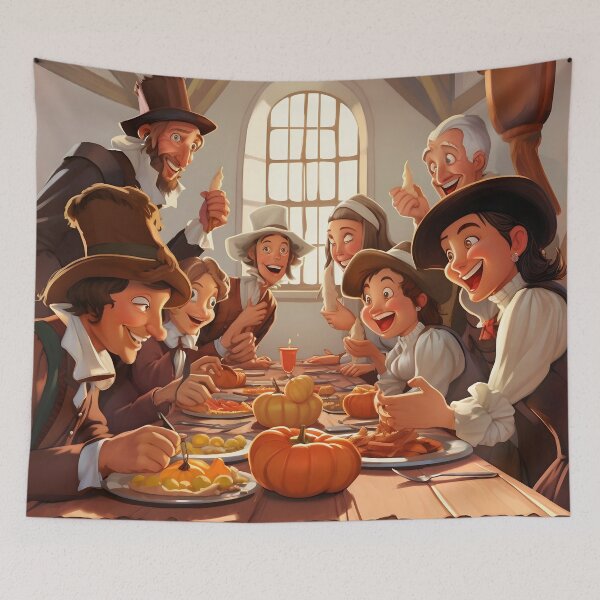 Item preview, Cartoon Pilgrims around the Thanksgiving Table designed and sold by dcrc.