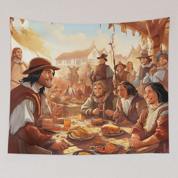 Item preview, Pilgrims sharing Thanksgiving meal with Friends designed and sold by dcrc.
