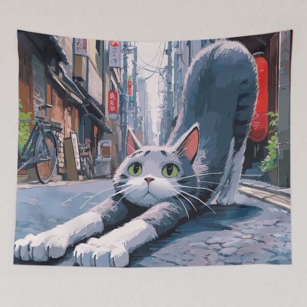 Item preview, Cat stretching on tokyo street designed and sold by TomFrontierArt.