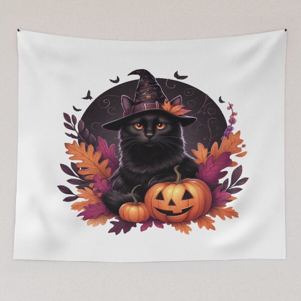 Item preview, Black cat is prepared for Halloween, next to the pumpkin and autumn leaves designed and sold by Buy  Daddy⭐.
