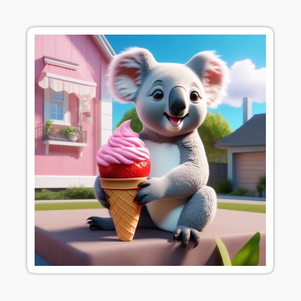 A Koala Bear Eating Strawberry Ice Cream Outside A House Made Of Strawberry Ice Cream Sticker