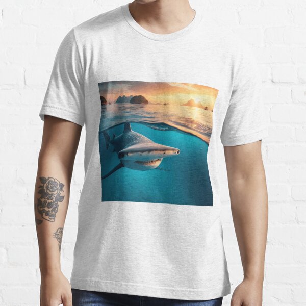 A hammerhead shark rides on the wave at sunset Essential T-Shirt for Sale  by ART-POD-PL