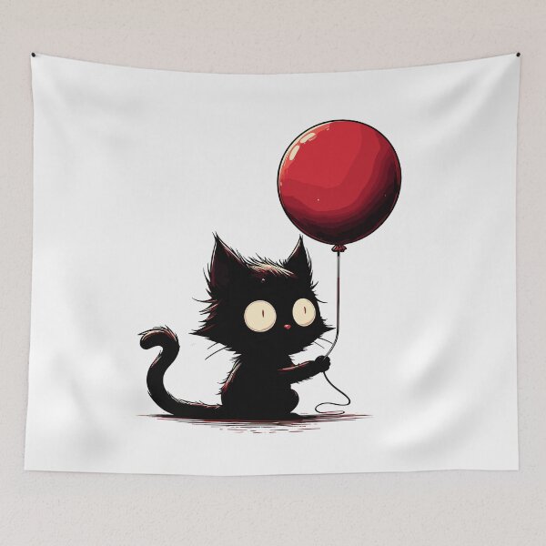 Item preview, Confused black cat holding red balloon designed and sold by TomFrontierArt.