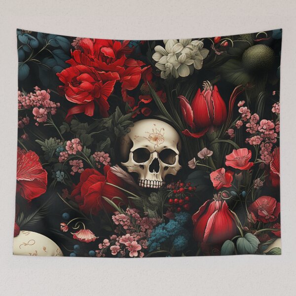 Item preview, Blood Red Gothic Skull Floral Print designed and sold by FoxTreeDesign.