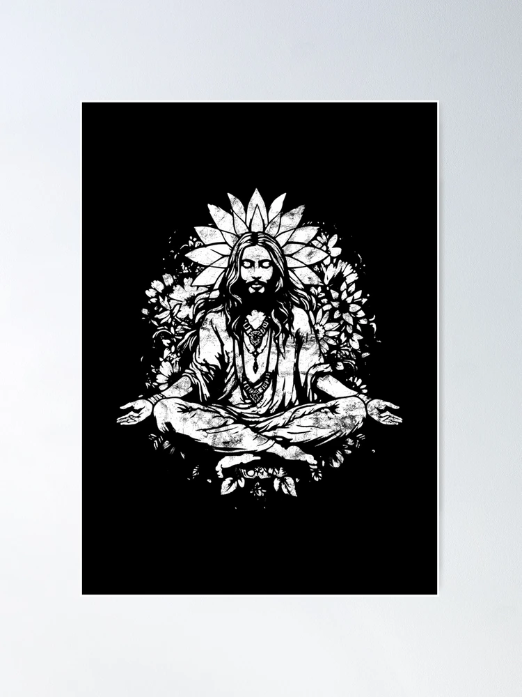 Premium Vector  Yoga man with ornate halo meditating in a lotus pose on a  blue background spiritual vector poster