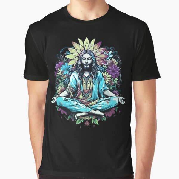 Jesus Christ meditates in lotus position, flower power, halo, hippie, yoga,  Buddhism, Christianity Poster for Sale by Anne Mathiasz