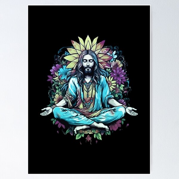 Premium Vector  Yoga man with ornate halo meditating in a lotus pose on a  blue background spiritual vector poster