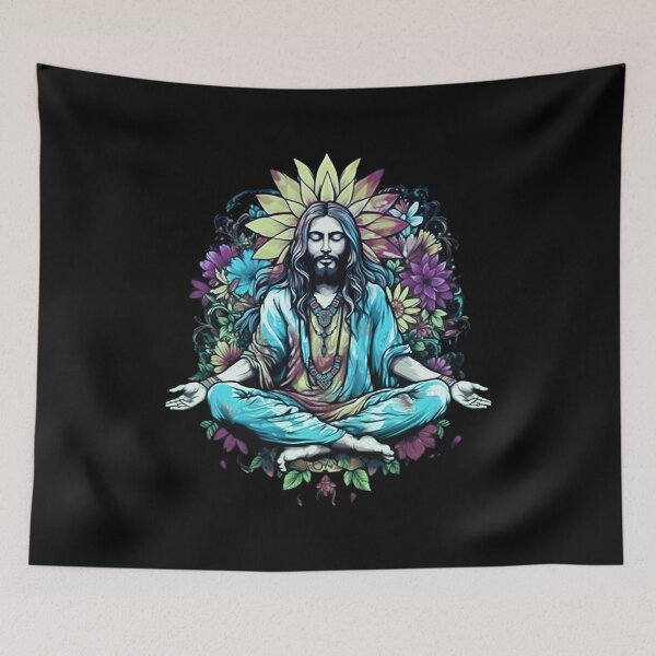 Item preview, Jesus Christ meditates in lotus position, flower power, halo, hippie, yoga, Buddhism, Christianity designed and sold by nitty-gritty.