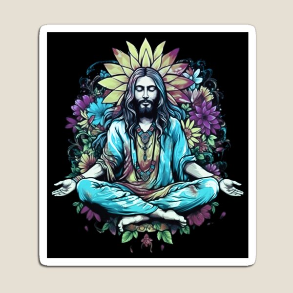 Jesus Christ meditates in lotus position, flower power, halo, hippie, yoga,  Buddhism, Christianity Magnet for Sale by Anne Mathiasz