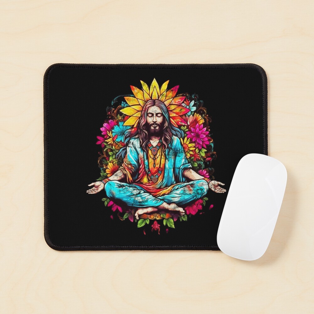 Jesus Christ meditates in lotus position, flower power, halo, hippie, yoga,  Buddhism, Christianity Poster for Sale by Anne Mathiasz