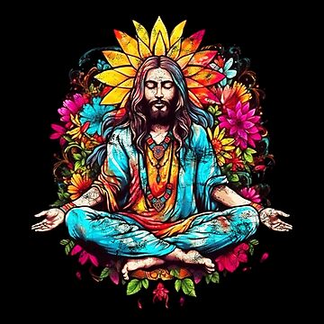 Jesus Christ meditates in lotus position, flower power, halo, hippie, yoga,  Buddhism, Christianity | Poster