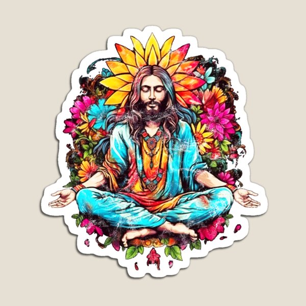 Jesus Christ meditates in lotus position, flower power, halo, hippie, yoga,  Buddhism, Christianity Poster for Sale by Anne Mathiasz