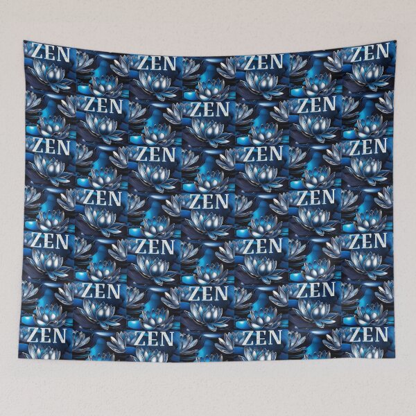 Item preview, Zen. Iridescent blue and silver lotus flowers on a blue background and the words Zen on the image. designed and sold by Creativesphotos.
