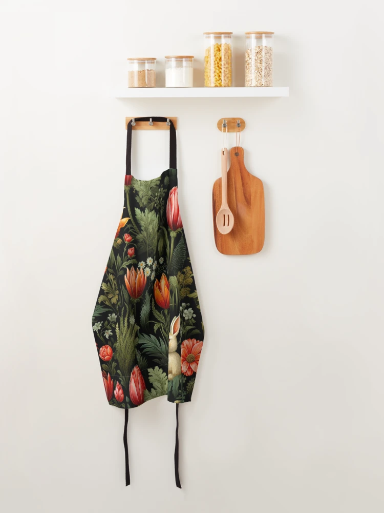 Thumbnail 4 of 6, Apron, A Rabbit In The Garden Dark Floral Print designed and sold by FoxTreeDesign.