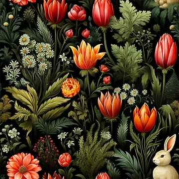 Artwork thumbnail, A Rabbit In The Garden Dark Floral Print by FoxTreeDesign