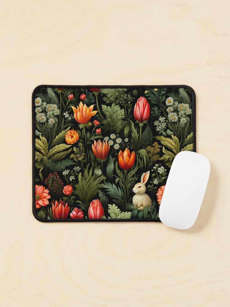 Thumbnail 1 of 5, Mouse Pad, A Rabbit In The Garden Dark Floral Print designed and sold by FoxTreeDesign.
