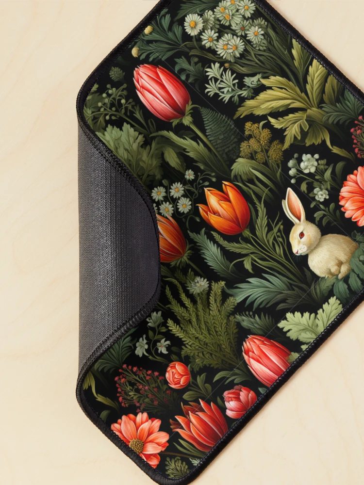 Thumbnail 2 of 5, Mouse Pad, A Rabbit In The Garden Dark Floral Print designed and sold by FoxTreeDesign.