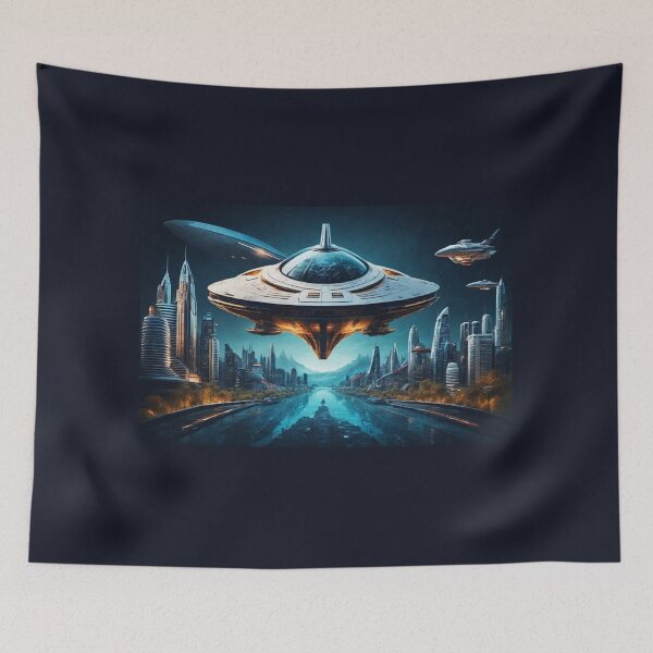 Item preview, Spaceship Overlooking a Nighttime Metropolis designed and sold by ArtVibeInk.
