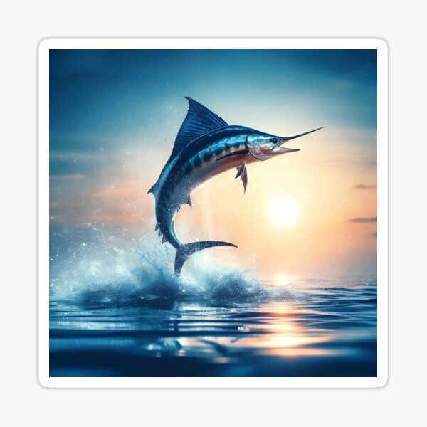 Blue marlin jumping out of the ocean at sunset, sea fishing