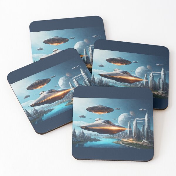 Item preview, Spaceships over futuristic metropolis designed and sold by ArtVibeInk.