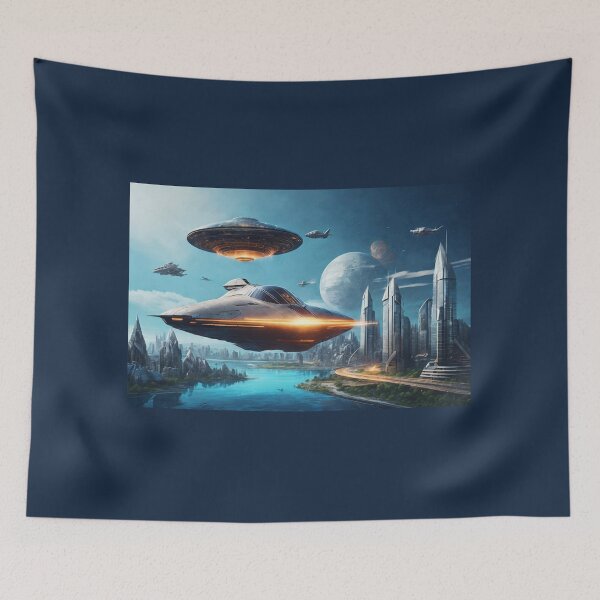 Item preview, Spaceships over futuristic metropolis designed and sold by ArtVibeInk.