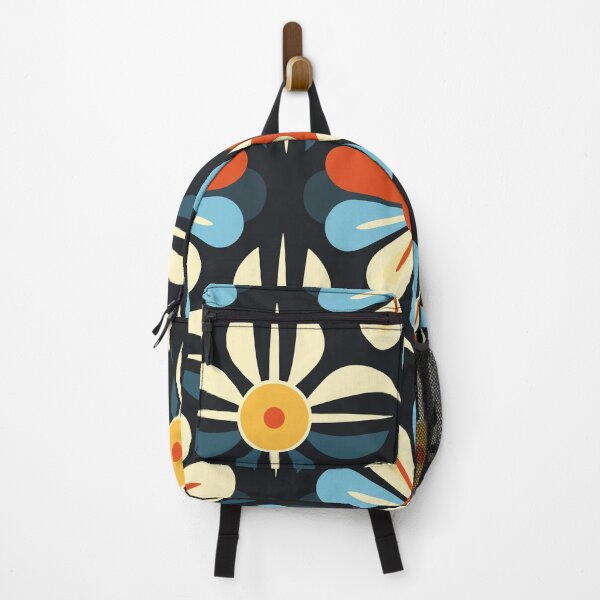 Item preview, Retro Bold Florals in Red, Aqua Blue, and Cream on Black designed and sold by MidModMaison.