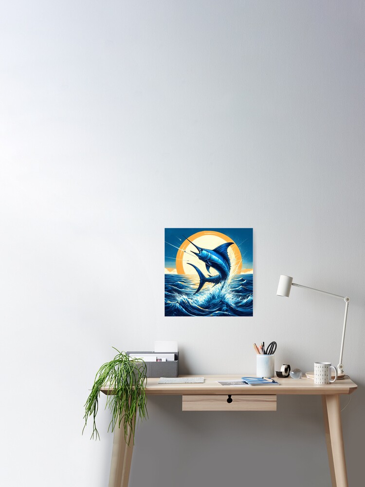 Ocean Jumping Blue Marlin Fishing Poster Decorative Painting Canvas Wall  Art Living Room Posters Bedroom Painting 08x12inch(20x30cm)