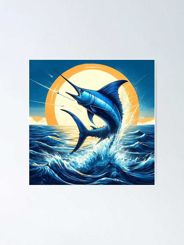 Sea fishing, blue marlin jumping out of the sea. Poster for Sale