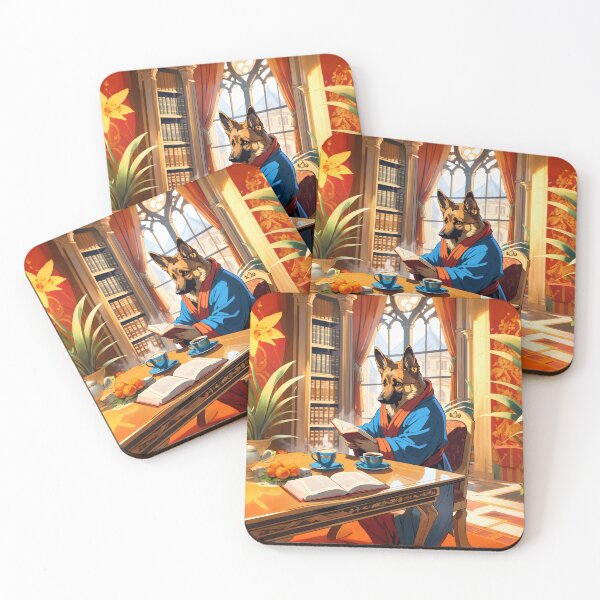 Item preview, A german shepherd dog reading a book with cups of coffee. designed and sold by twisted-dot.