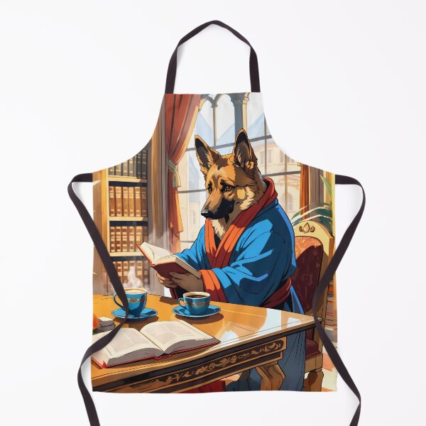 Item preview, A german shepherd dog reading a book with cups of coffee. designed and sold by twisted-dot.