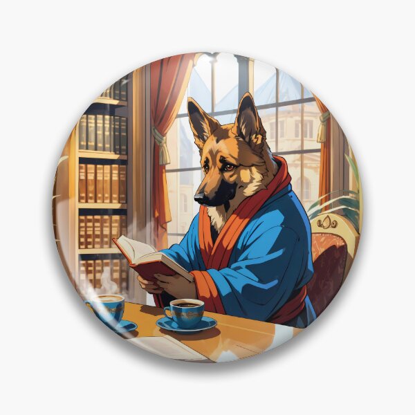 Item preview, A german shepherd dog reading a book with cups of coffee. designed and sold by twisted-dot.