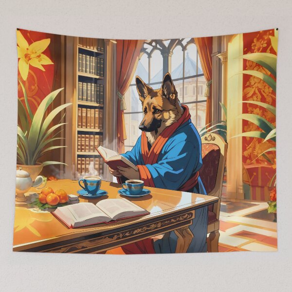 Item preview, A german shepherd dog reading a book with cups of coffee. designed and sold by twisted-dot.
