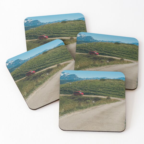 Item preview, Red van climbing up a narrow alpine road in Switzerland designed and sold by svanaerschot.