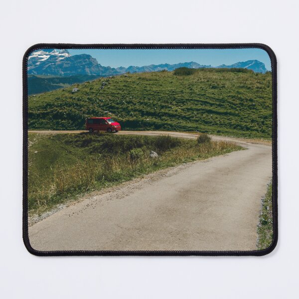 Item preview, Red van climbing up a narrow alpine road in Switzerland designed and sold by svanaerschot.