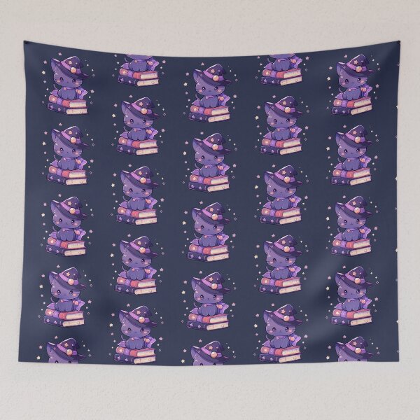 Item preview, Cute Kawaii Halloween Purple Kitty Happy Witches Cat on Spell Books designed and sold by CozyKawaiiArt.