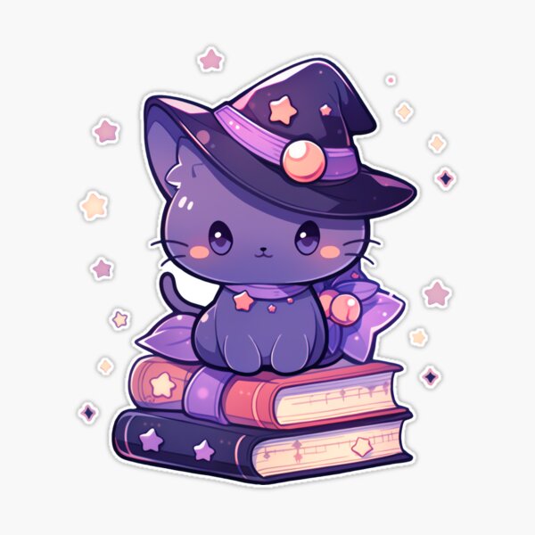 Cute Kawaii Halloween Purple Kitty Happy Witches Cat on Spell Books  Sticker for Sale by CozyKawaiiArt