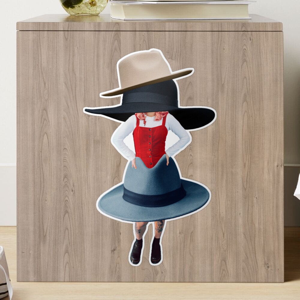 Whimsical Surreal Collage Art: 'Wearing Many Hats' Solo in Green - Busy  Multitasker Workaholic in Unique Red Jumper with Giant Hat Sticker for  Sale by GollyWillikers