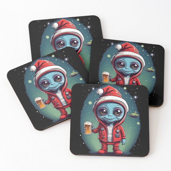 Item preview, Alien Santa Claus character, goblin celebrating Xmas, cool alien, cartoon alien having a beer designed and sold by QuirkyTease.