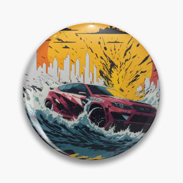Artikelvorschau, Abstraktes Rallye-Auto driftet im Retro-Stadtbild bei Sonnenuntergang – Wasserspritzer-Kunstwerk entworfen und verkauft von MindfulVisionz.