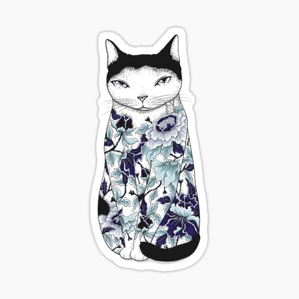Cat in Blue Peony Tattoo Sticker