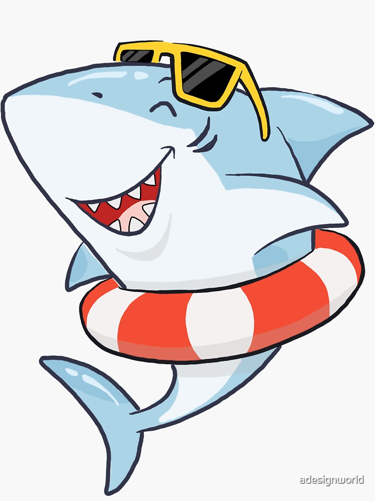 Cute happy smiling shark with an inner tube with sunglasses on Sticker for  Sale by adesignworld