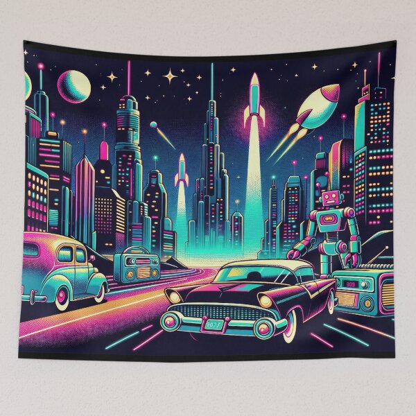 Item preview, Retro-Futuristic Cityscape with Rockets designed and sold by Newpixelland.