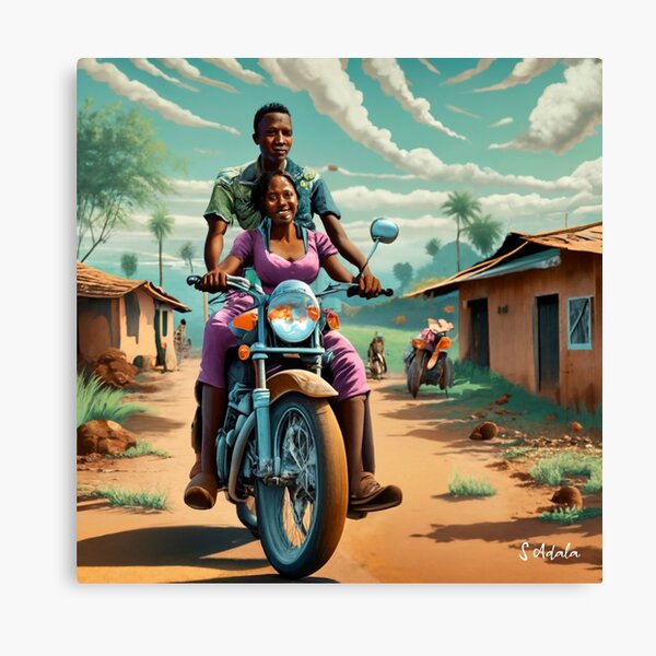 Happy Woman and Man in Motorbike Canvas Print
