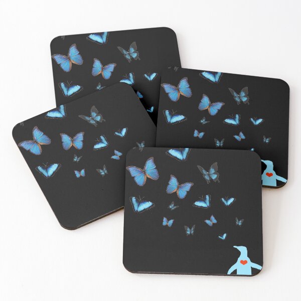 Item preview, Black background Penguin with butterflies in blue with red heart designed and sold by SBPenguins.